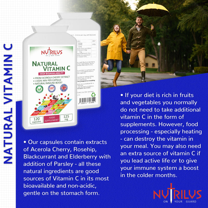 Natural Vitamin C Capsules from Acerola Cherry 500mg Extract - High Bioavailability Supplement - not Ascorbic Acid - Fruit and Herbs Extracts - not Tablets (120 Capsules) 120 count (Pack of 1)