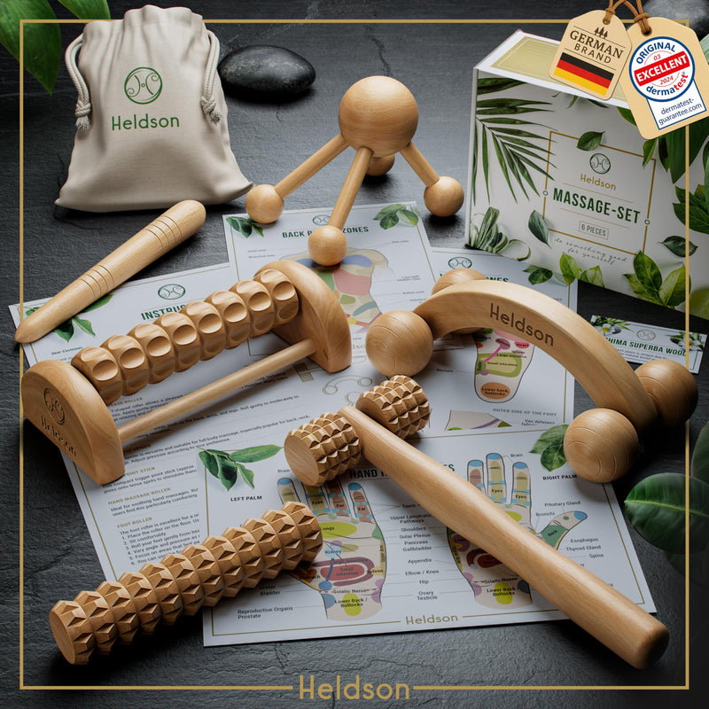 [Australia] - HELDSON® Wooden Therapy Massage Tools [6 Pieces] - Wood Rollers for Body Sculpting - Lymphatic Drainage Massager - Cellulite Tool - Maderoterapia Kit - Back Rolling Stick - Wellness Gifts Women, Men 