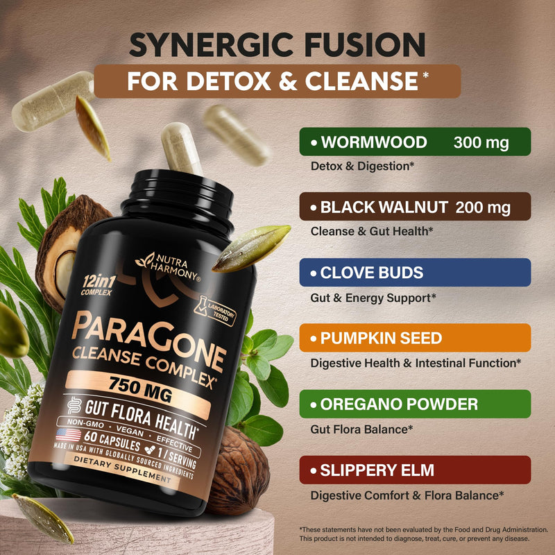 [Australia] - Wormwood, Black Walnut, Clove & Astragalus - ParaGone for Cleanse, Detox, Intestinal & Gut Flora Support - 12 in 1 Complex for Men & Women - Non-GMO, Vegan - Made in USA - 60 Capsules for 2 Months 