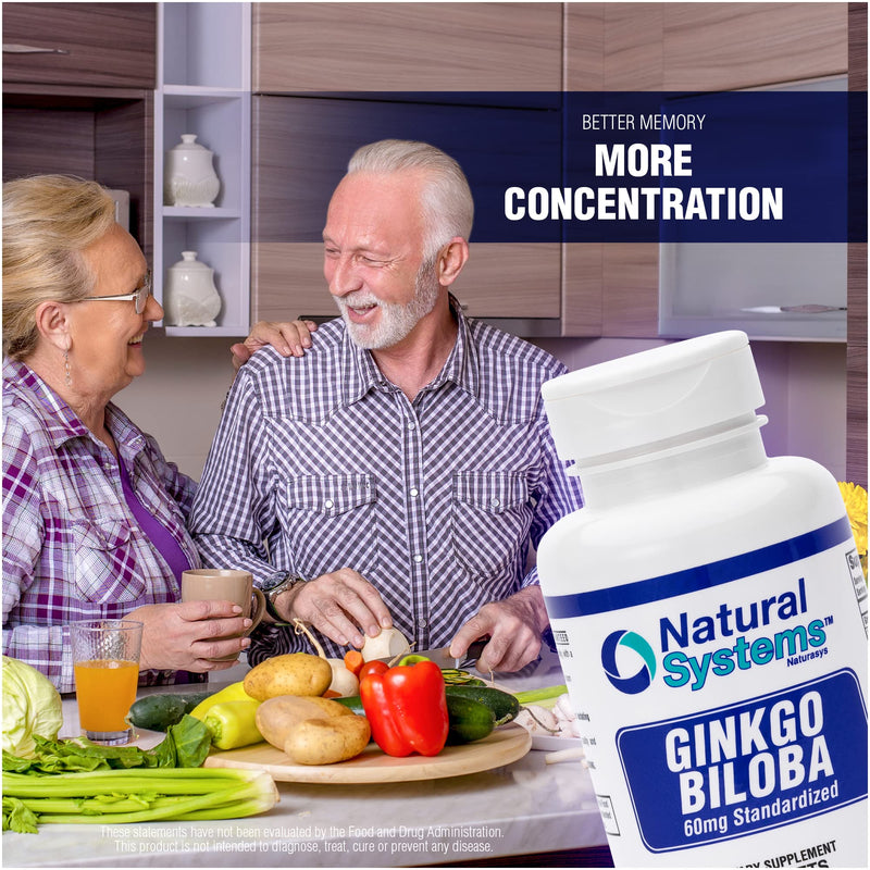 Ginkgo Biloba 60 mg by Natural Systems 60 Tablets - Gingko Biloba Powder Brain Supplement - Ginkgo Biloba Concentration Supplements - Memory Vitamins for Men and Women - Boost Energy Supplements