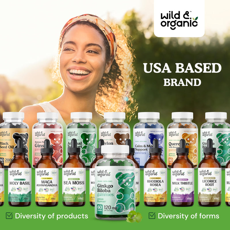 [Australia] - Wild & Organic Ginkgo Biloba Gummies 120mg - Brain Supplement Gummy for Mood & Focus - Energy Herbal Supplements - Vegan Non-GMO - 60 Chews 