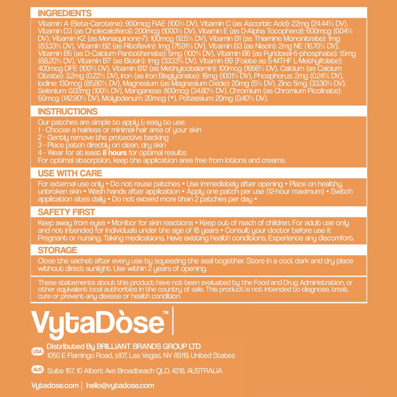 Vytadose Multivitamin Patches | Hair Growth for Women | Topical Daily Iron | Biotin & Vitamin Patches Supports Thicker Hair, Skin & Nails | Vegan, Water-Resistant | Kind to Sensitive Skin | 30 Count
