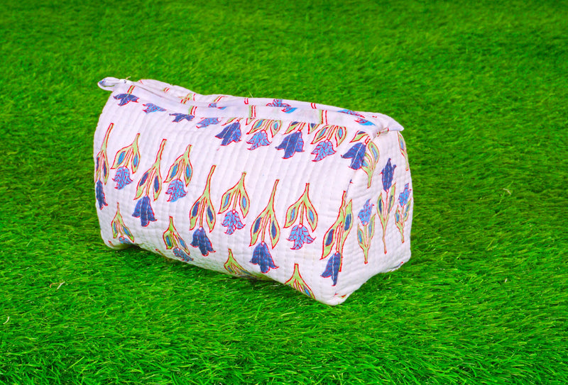 Generic Set of 3 Pieces Indian Handmade Cotton Quilted Handmade Floral Hand Block Print Toiletry Bag,Cosmetic Pouch Bag Makeup Bag For Women (Cotton, White A), 44999