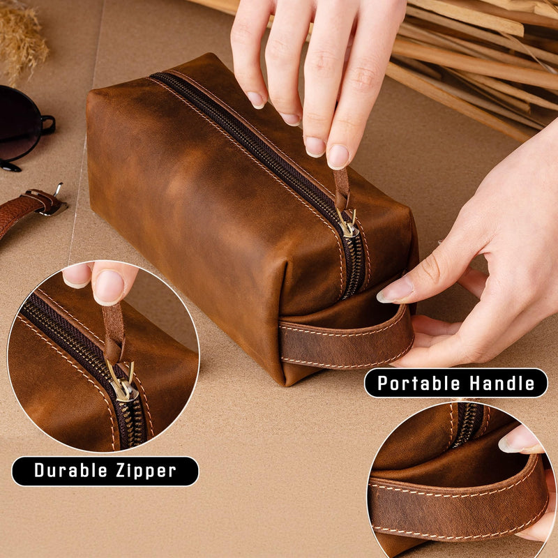 FRED PARKER Leather Toiletry Bag for Men – Dopp Kit, Multiple Purpose Use Travel Organizer, Groomsmen or Christmas Gift, Shaving Bag for Him (Standard, Brown, Medium: 7x3x3) Medium: 7x3x3" Classic