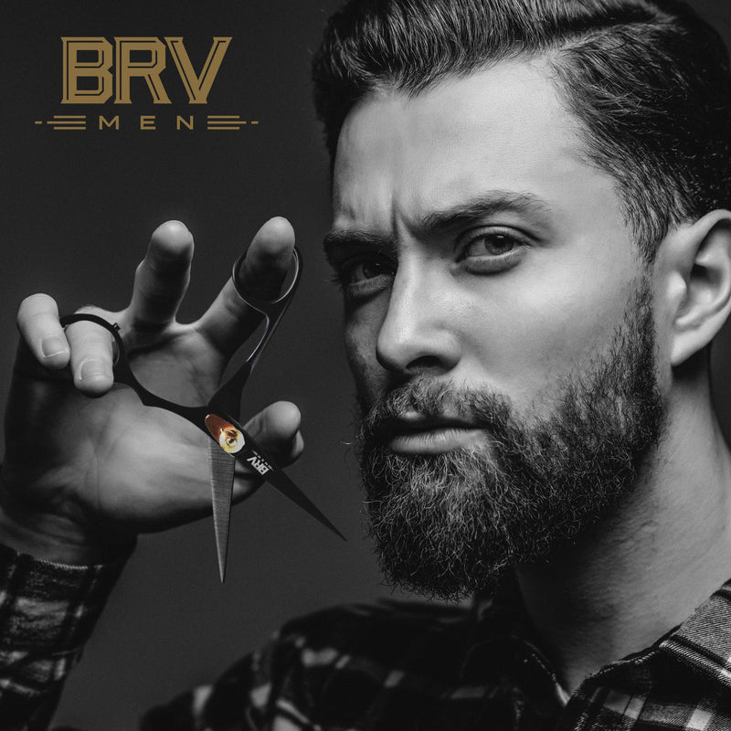 BRV MEN Professional Mustache & Beard Trimming Scissors - 5.5" | High Carbon Stainless Steel & Hammer Forged Mustache Scissors | Razor Sharp Facial Hair Trimming Shears (RIGHT HANDED - Black) Right Handed - Black