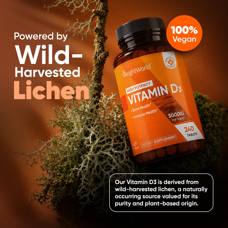 WeightWorld High Potency Vitamin D3 5000 IU (125mcg) - D3 Vitamin for Bone, Teeth, Muscle & Immune Support - 240 Easy-to-Swallow Tablets, 8-Month Supply, Vegan Plant-Based VIT D3, Non-GMO Vitamin D3 5000IU 240 Tablets