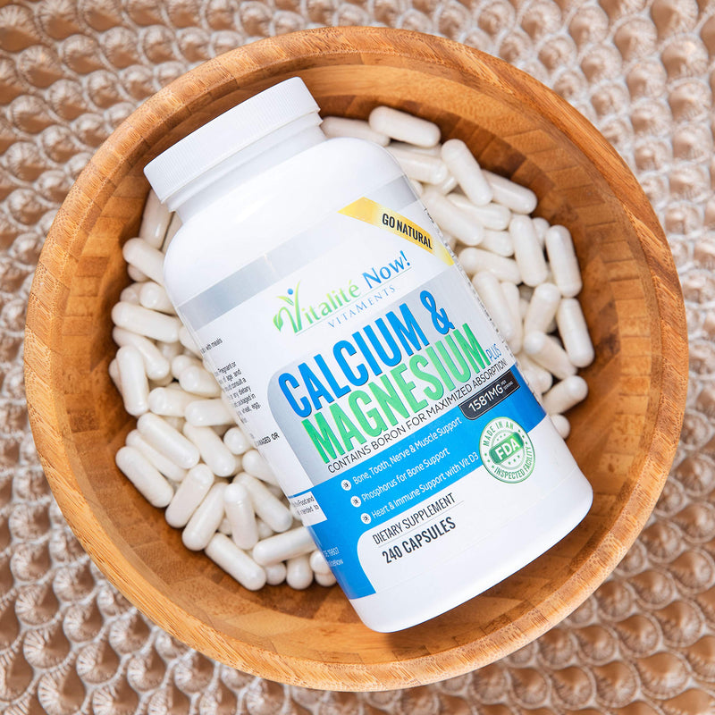 Vitalité Now! Calcium Magnesium Supplement 1000mg with Vitamin D | 10 Forms of Calcium for Maximum Absorption - Bone Strength Support with Boron and Phosphorus - 240 Capsules - 2 Month Supply