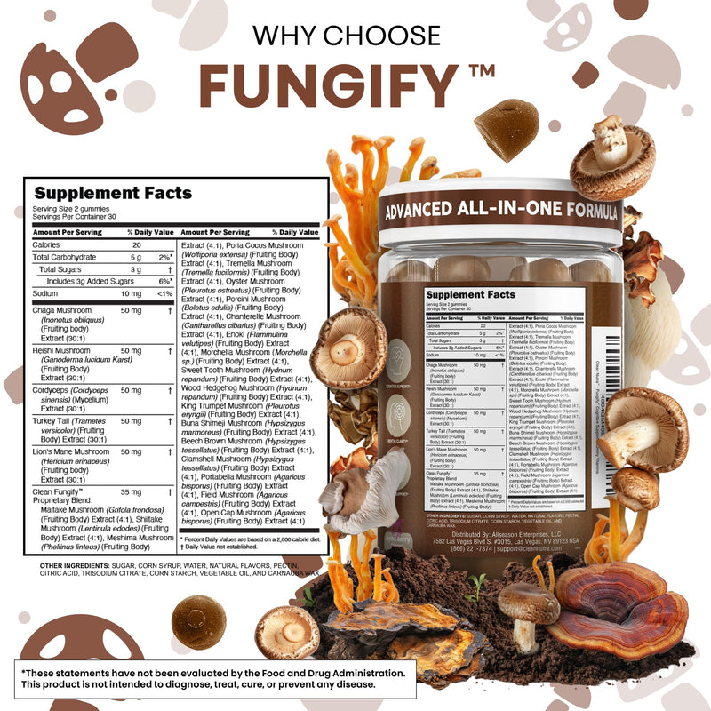 Clean Nutra Lions Mane Mushroom Gummies Cordyceps Supplement for Memory and Focus Immune Support Vitamins Reishi Chaga Turkey Tail Mushrooms Gummy Shiitake Maitake Meshima Supplements