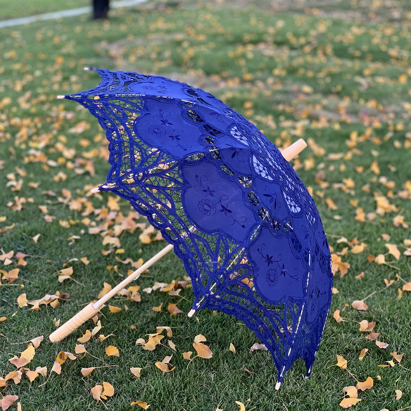 Lace Parasol Umbrella Wedding Cotton Fashion Wooden Handle Decoration Umbrella Photo Lady Costume Adult Size (royal blue) royal blue