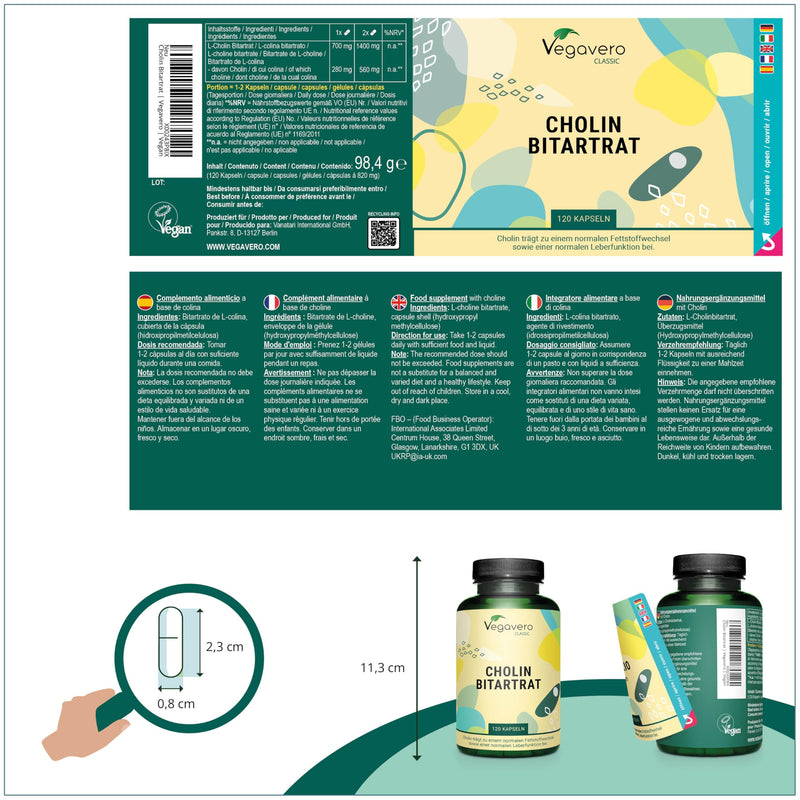 [Australia] - Choline bitartrate capsules | High dose: 1400 mg choline bitartrate per day | 4 month supply | German production | Laboratory tested | Without additives | 120 pieces | Vegan from Vegavero® 