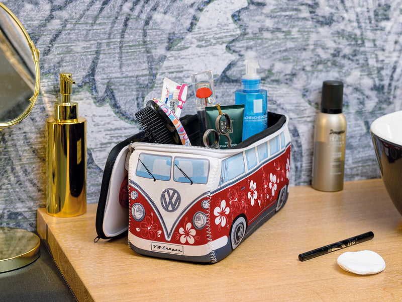 BRISA VW Collection - T1 Bus Camper Toiletry Bag Cosmetic Case | Volkswagen Toiletry Bag Cosmetic Case, Water-Repellent, Hanging Hook, 4 Mesh Pockets, Travel, Neoprene, Hibiscus/Red Large Large (11.8 X 5.5 X 4.7 Inches)