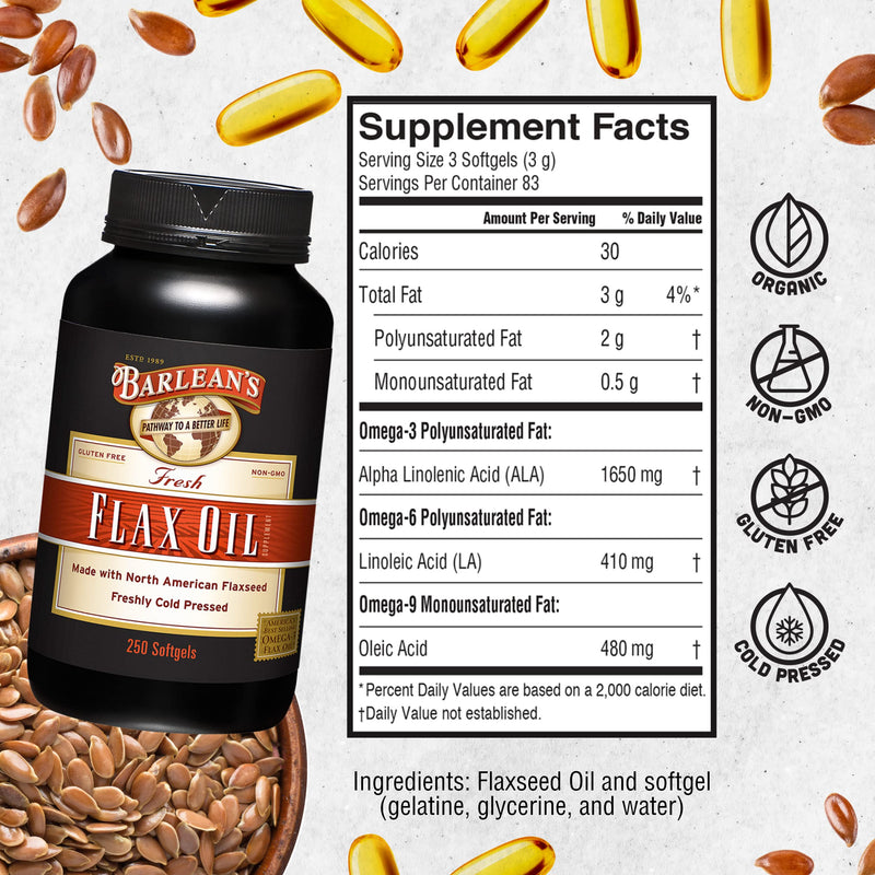 [Australia] - Barlean's Flaxseed Oil Softgels, Cold-Pressed Flax Seed Supplement with 1,650 mg ALA Omega-3 Fatty Acids for Joint & Heart Health, 1000mg, 250 ct 250 Count (Pack of 1) 