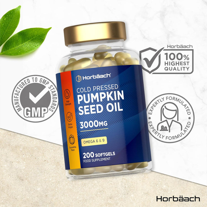 Pumpkin Seed Oil 2000mg | 200 Softgel Capsules | Cold Pressed | Supports Prostate & Urinary Health | Natural Source of Essential Fatty Acids | Non-GMO, Gluten Free | No Artificial Preservatives