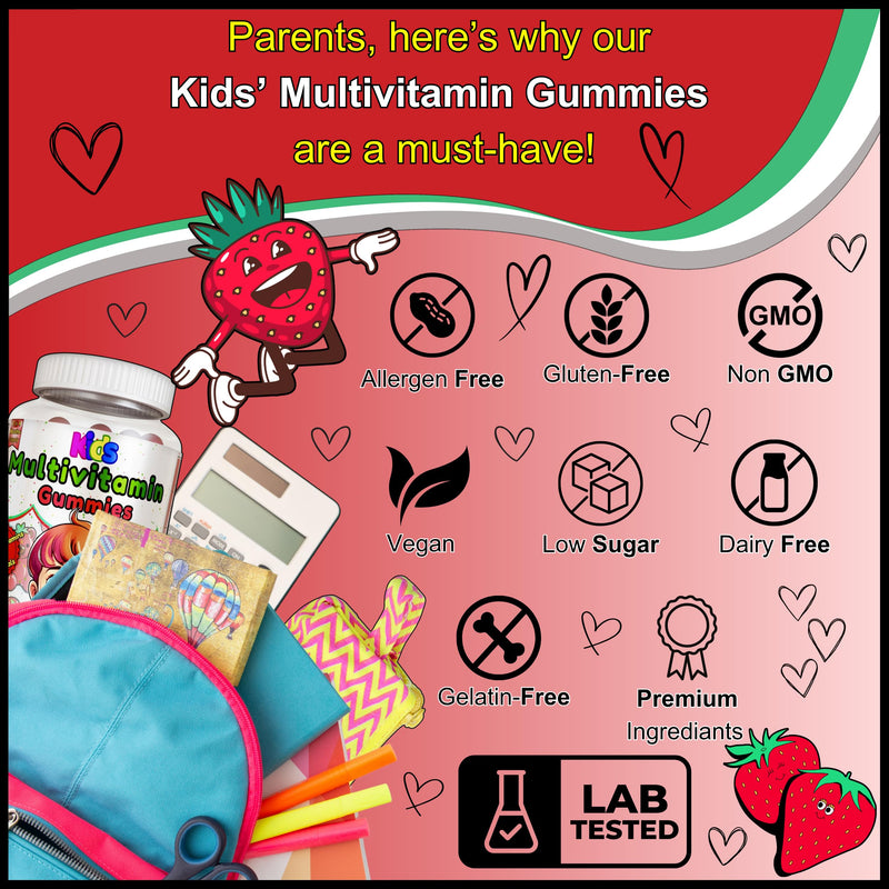 Multivitamin for Kids -120 Natural Strawberry Flavour Gummies (2 Or 4 Month Supply) - Low-Sugar -19 Essentials Vitamins & Minerals - Vegetarian Vitamins for Kids (120 Gummies, Strawberry) 120 count (Pack of 1)
