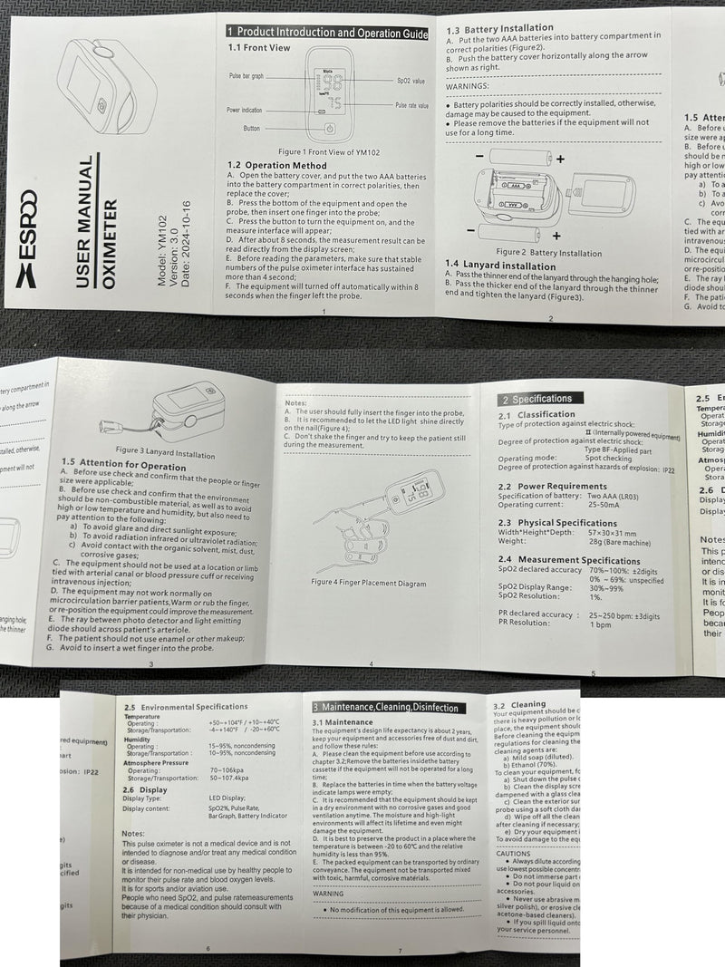 ESPOO Pulse Oximeter, Oxygen Monitor Fingertip with 2 AAA Batteries&Lanyard (White&Black)