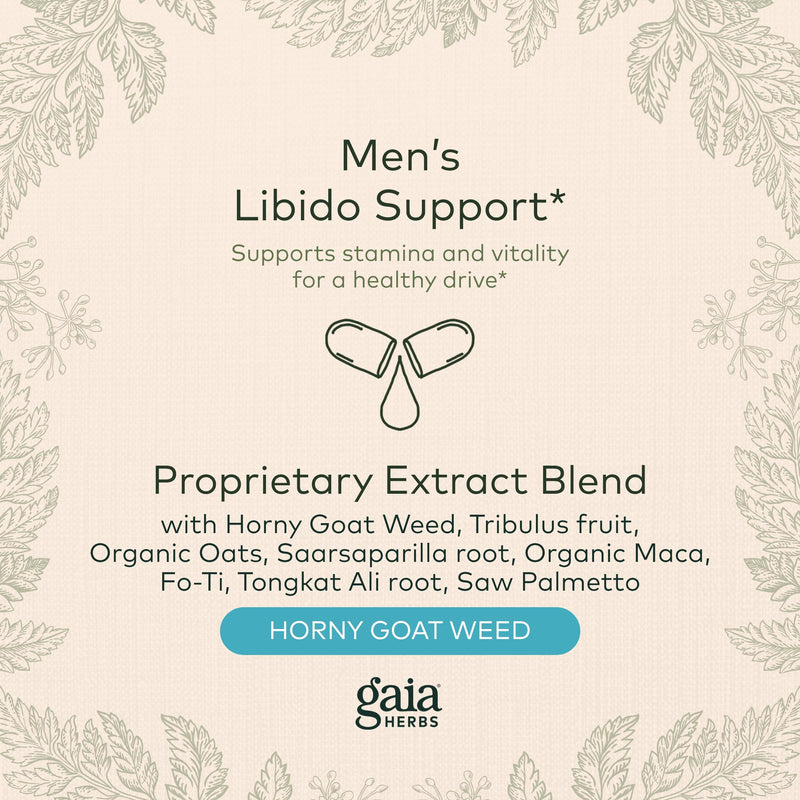 [Australia] - Gaia Herbs Male Libido - Herbal Supplement with Saw Palmetto, Horny Goat Weed, Maca & Oats - Supports Stamina, Vitality & Hormone Balance for Men - 60 Vegan Liquid Phyto-Capsules (20-Day Supply) 60 Count (Pack of 1) Standard Packaging 