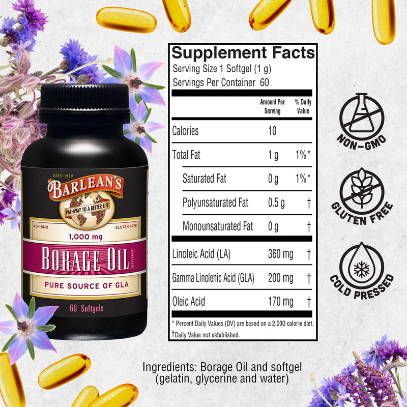 [Australia] - Barlean's Borage Oil Capsules, 1000mg Cold Pressed Pure Borage Seed Oil GLA Supplement, Omega 6 for Healthy Skin Joints and Bones and Brain Function, Non-GMO and PA Safe, 60 Count Borage Oil - 60 Count 