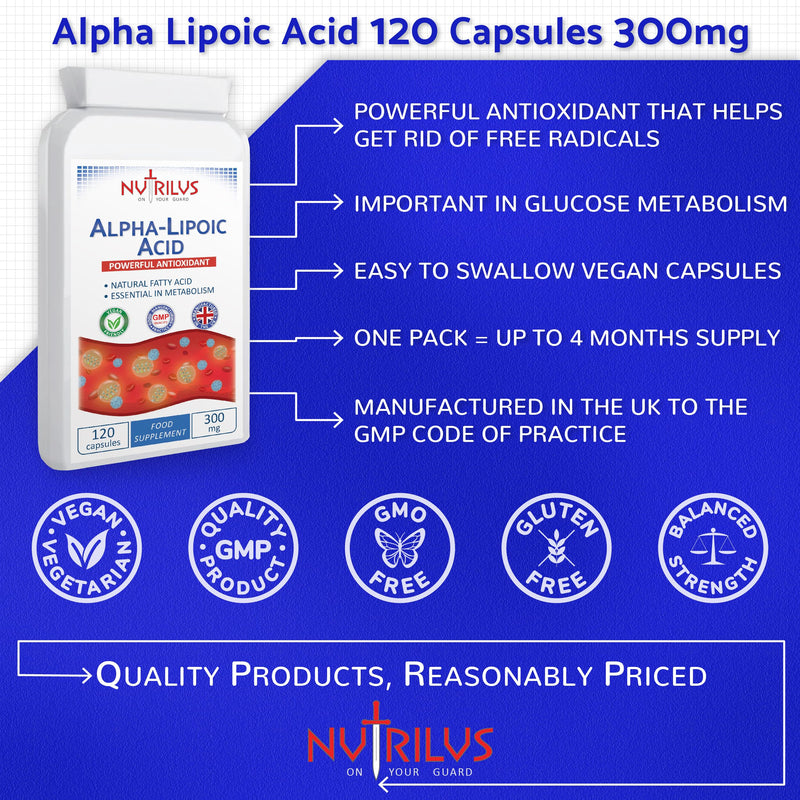 Alpha Lipoic Acid 120 Capsules 300mg - 50:50 Blend of R-ALA and S-ALA - High Strength - Vegan - UK Made Supplement - Antioxidant