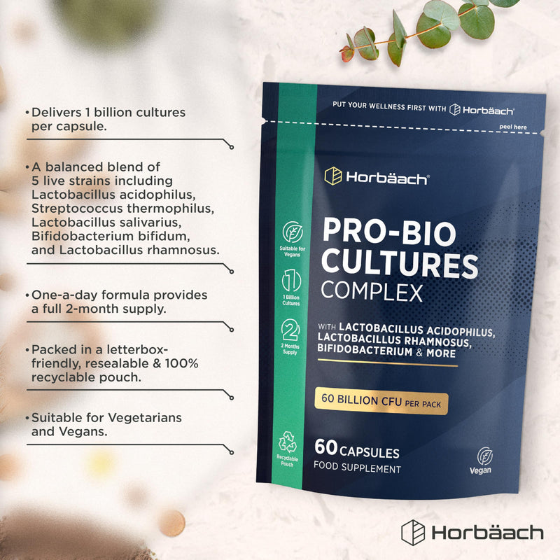 Pro-Bio Cultures Complex 60 Billion CFU Per Pack | Advanced Multi-Strain Pro-Bio with Lactobacillus Acidophilus, Bifidobacterium | 60 Vegan Capsules | Supplement for Men & Women | by Horbaach
