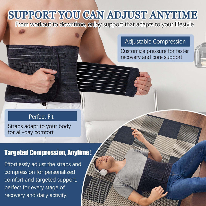 Reian Abdominal Binder for Men – Post-Surgery Support and Core Stability, Adjustable Compression Wrap (Black, Large) Black