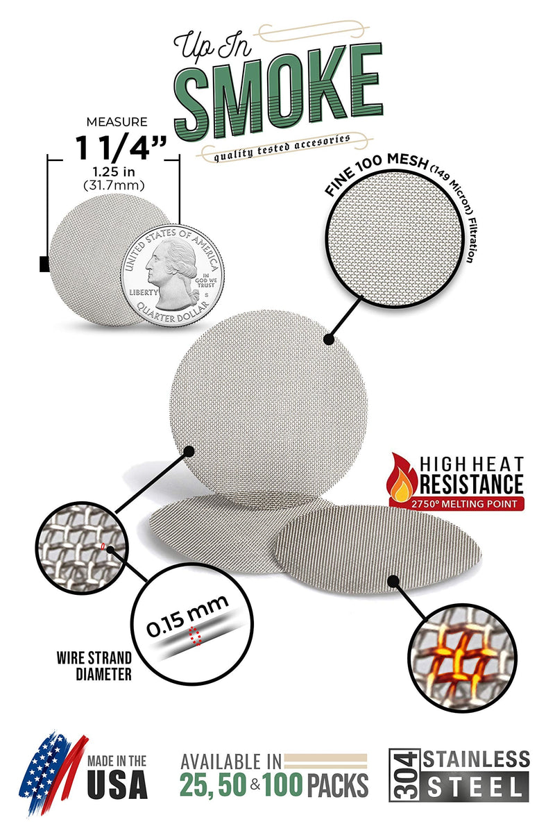 [Australia] - Made in The USA - 5 1.25" (1 1/4") Pipe Screen Filters (Extra Fine Mesh) - Up in Smoke Brand 