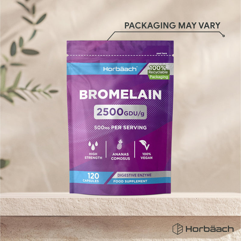 Bromelain Capsules 2500GDU/g | High Strength Digestive Enzyme Supplement from Pineapple Extract (Ananas Comosus) | 500mg | 120 Vegan Capsules | by Horbaach
