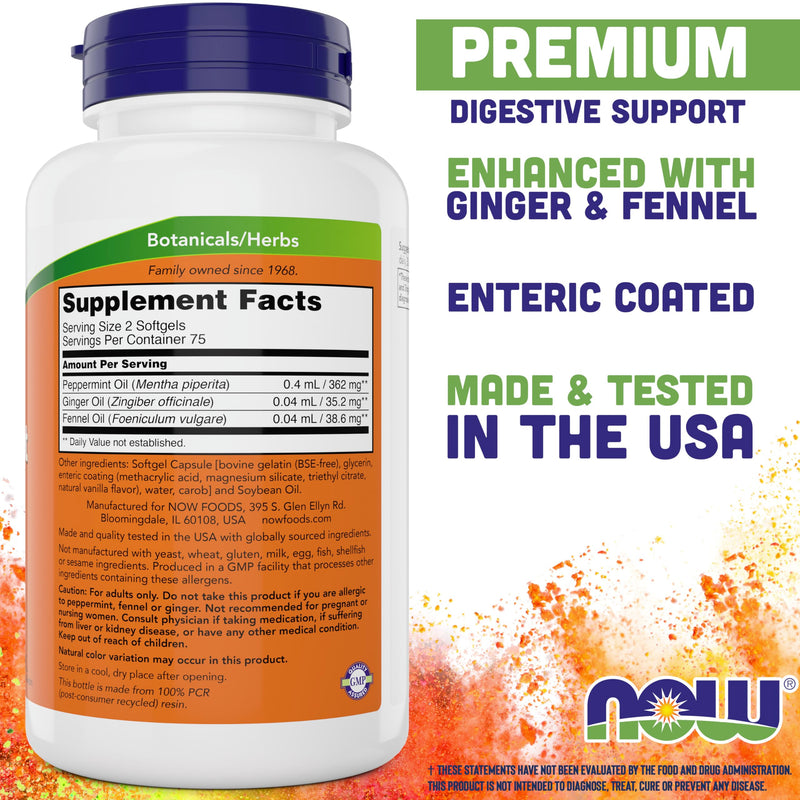 [Australia] - NOW Peppermint Gels with Ginger Oil and Fennel Oil, 150 Softgels, Enteric Coated 