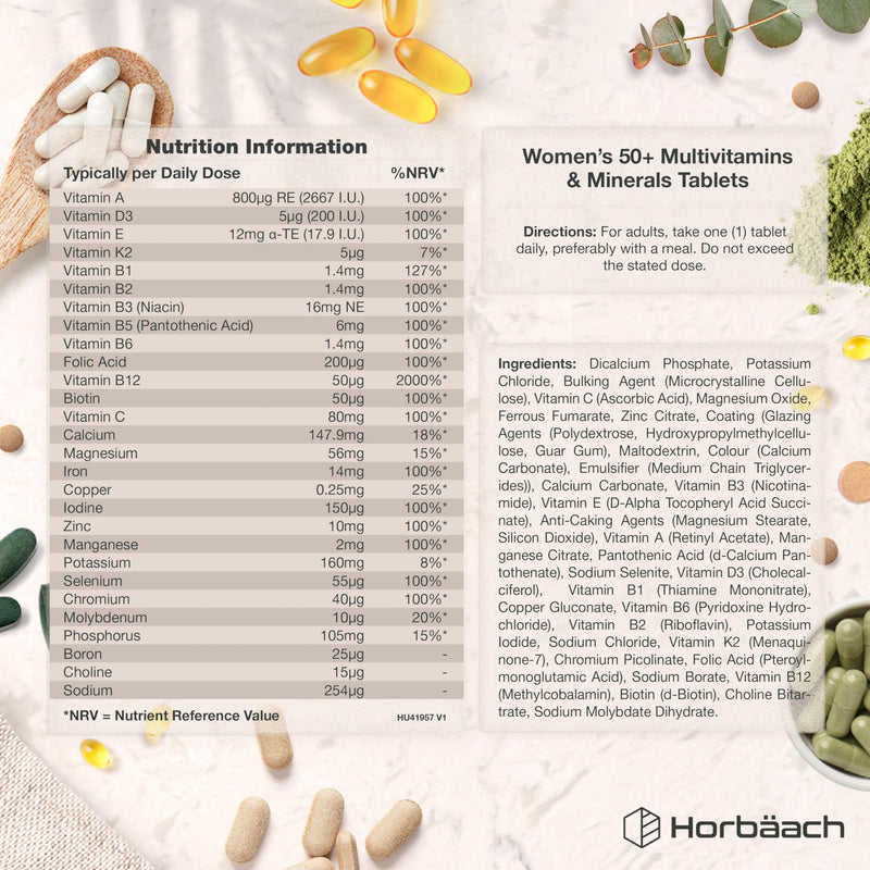 Multivitamins for Women 50+ | 4 Months Supply | 28 Essential Vitamins & Minerals Including Biotin, Iron, Folic Acid, B6, B12, Calcium, Zinc, Vitamin C & More! | 120 Vegan Tablets | by Horbaach