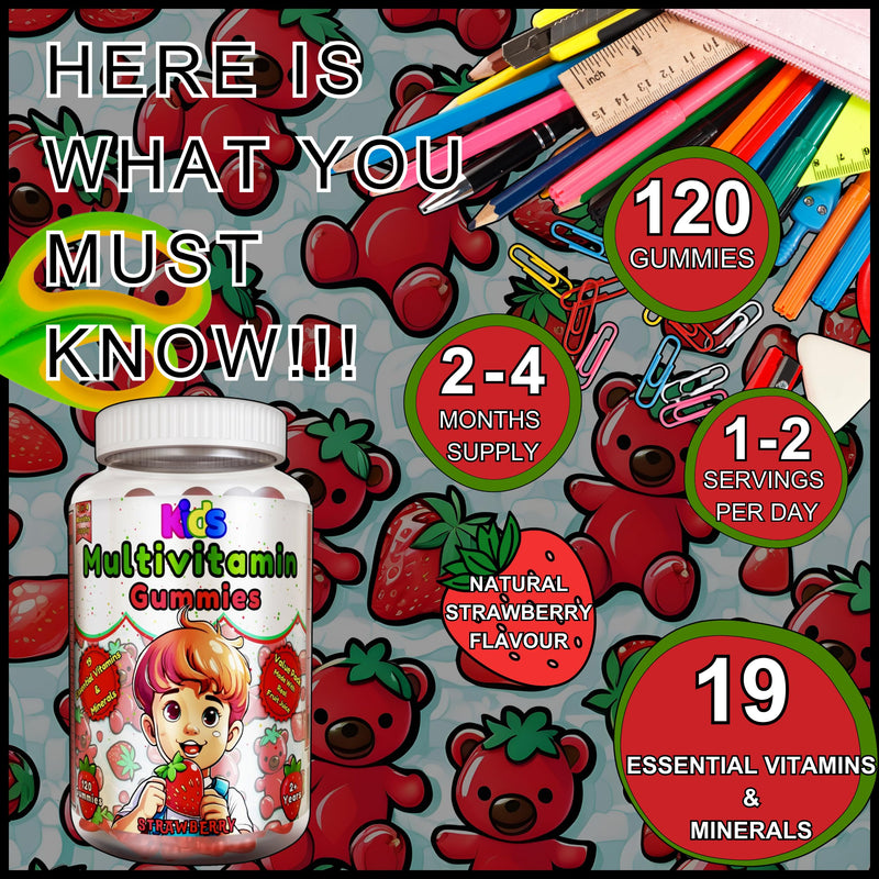 Multivitamin for Kids -120 Natural Strawberry Flavour Gummies (2 Or 4 Month Supply) - Low-Sugar -19 Essentials Vitamins & Minerals - Vegetarian Vitamins for Kids (120 Gummies, Strawberry) 120 count (Pack of 1)