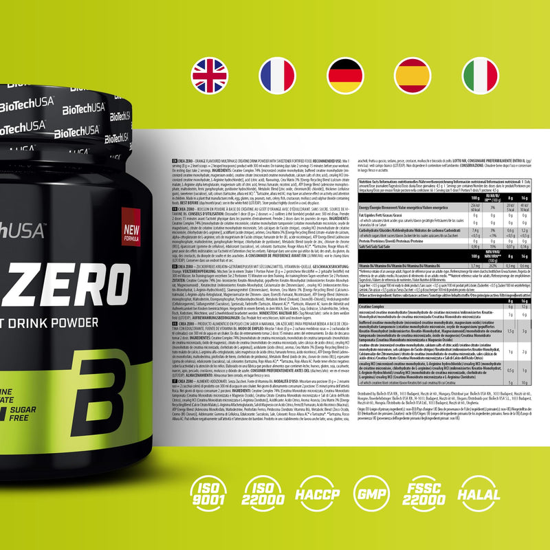 BioTechUSA Crea Zero | Sugar-Free Creatine Drink Powder | Added BCAAs, Vitamins, Minerals, 320 g, Orange