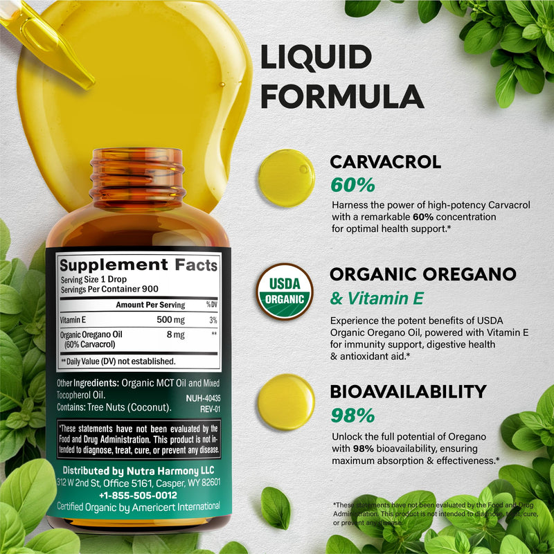 [Australia] - USDA Organic Oil of Oregano - Liquid Drops with Vitamin E - Made in USA - Supplement for Immune Support, Digestion Health & Antioxidant - Non-GMO, Natural, Vegan - As Pills, Capsules, Softgels 1 fl oz 
