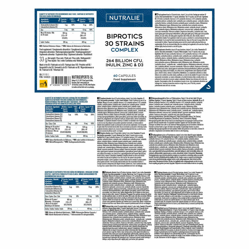 Probiotics and Prebiotics with 30 Strains - 264 Billion CFU per Dose - Biprotics 30 Strains Complex - 60 Capsules Nutralie