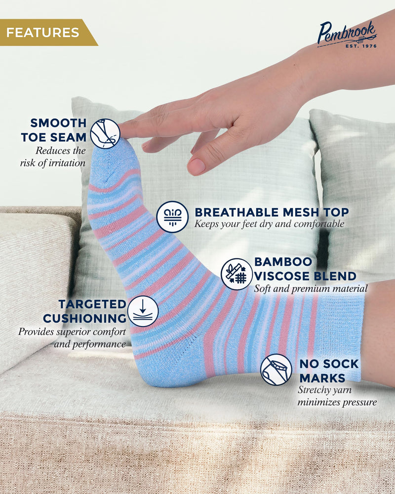 Pembrook Diabetic Socks for Women & Men - 4 Pairs Ankle Bamboo Viscose Socks Woman | Womens Diabetic Socks Size 9-11 Large Grey, Blue, Pink, Purple Stripes