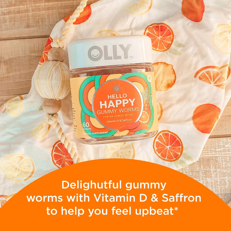 OLLY Fiber Gummy Rings, 5g Prebiotic Fiber, FOS (Fructo-oligosaccharides), Digestive Support & Hello Happy Gummy Worms, Mood Balance Support, Vitamin D, Saffron, Adult Chewable Supplement
