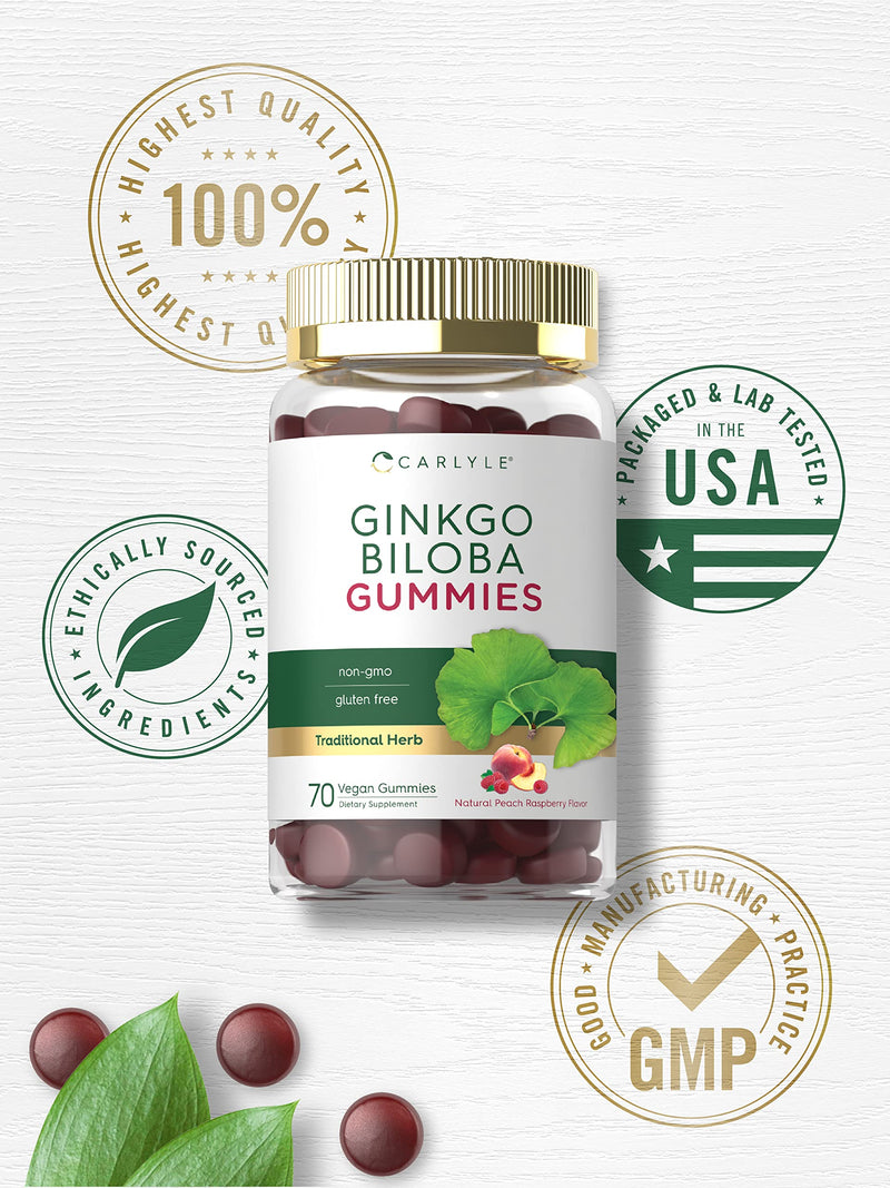 Carlyle Ginkgo Biloba 300mg | 70 Gummies | 45:1 Leaf Extract | with Peach Raspberry Flavor | Vegan, Non-GMO, Gluten Free Supplement