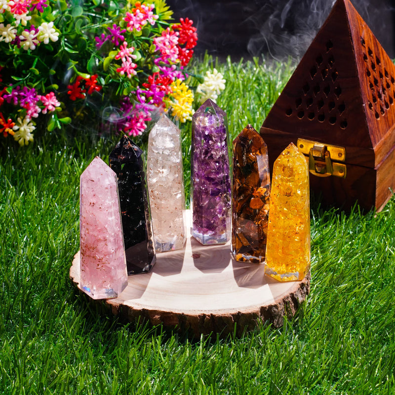 [Australia] - Healing Crystal Wand Set of 6 Orgonite – Includes 3” Amethyst Crystal, Tigers Eye, Rose Quartz, Black Tourmaline Stone, Citrine and Clear Quartz Orgone Crystal Plus Black Tourmaline Necklace 