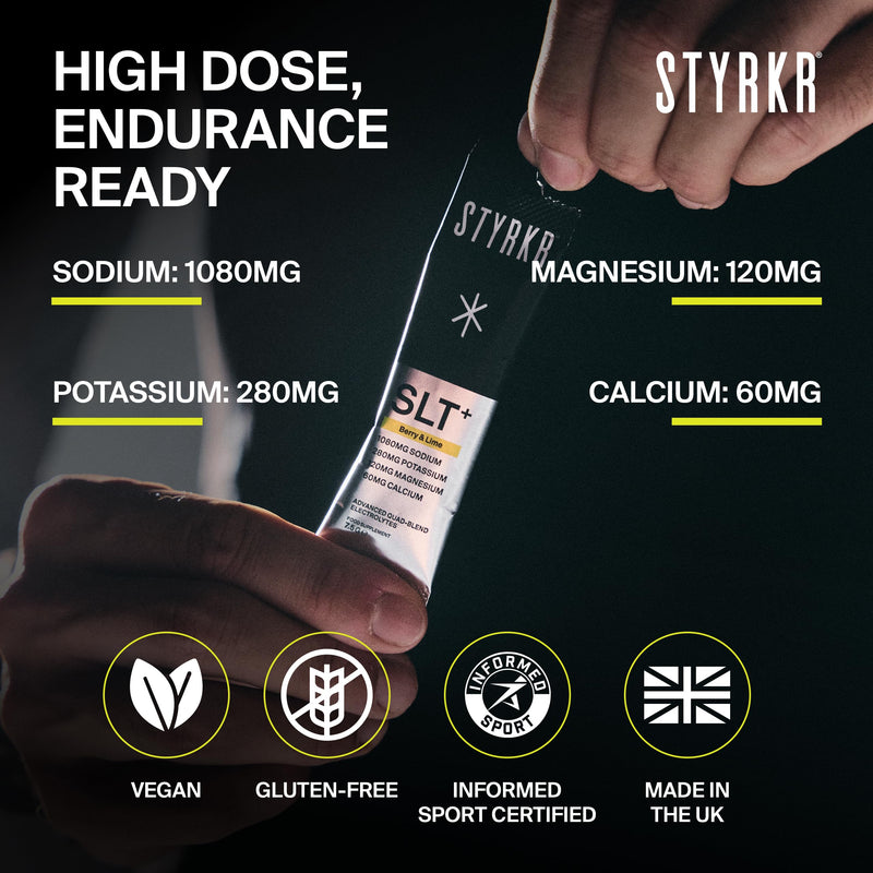 Styrkr SLT+ High Sodium Electrolyte Powder Sachets (30 Servings 1000mg+ Sodium) – Zero Sugar Hydration Drink Mix for Running, Cycling & Endurance – Electrolytes with Magnesium & Potassium (Berry/Lime) Berry & Lime