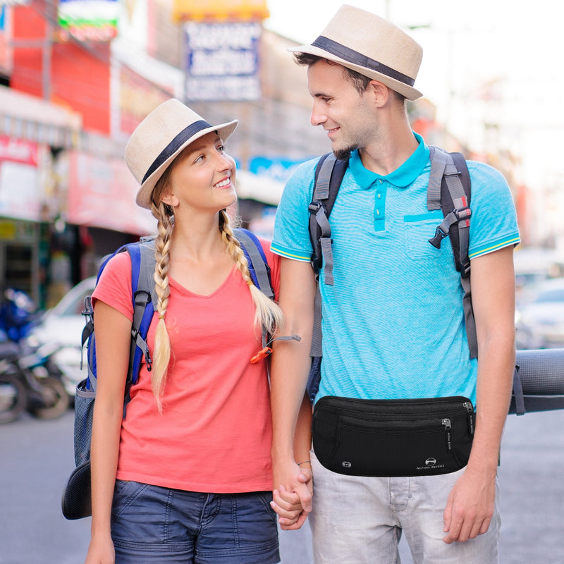 Alpine Rivers Money Belt for Travel - RFID Hidden Wallet, Onyx Black | Triple-layer RFID shielding, hidden passport holder and waist wallet, 7 card sleeves included, fits 26-56 inch waists
