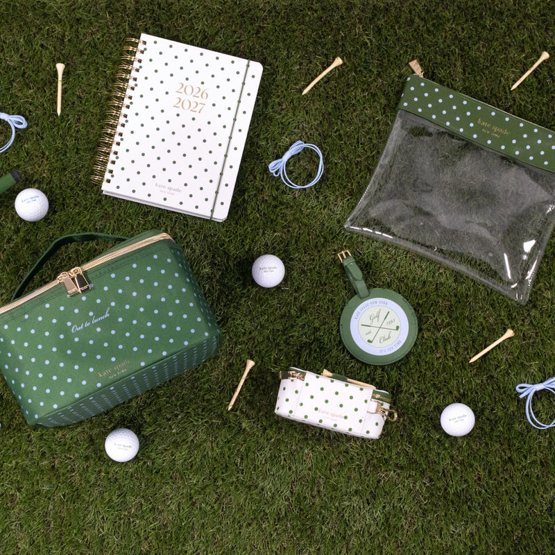 kate spade new york Outdoor Fun Golf Pouch Set, Lexington Dot | Clear and Green Polka Dot Travel Pouch with Drink Hugger, 3 Wooden Golf Tees & 2 Hair Ties, Zipper Bag with Leatherette Trim