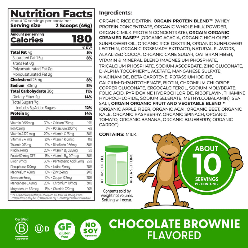 Orgain Kids 8g Grass-Fed Dairy Protein Powder, Chocolate Brownie, 1lb | Powder shake mix, 4g fiber, 23 vitamins & minerals, gluten free, no soy, adds nutritents to snacks, for shakes & smoothies 1.01 Pound (Pack of 1)