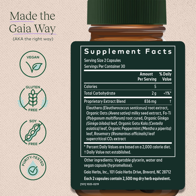 [Australia] - Gaia Herbs Mental Alertness - Brain Support Supplement to Help Maintain Focus & Memory* - with Eleuthero, Ginkgo Leaf, Gotu Kola, Rosemary & Oats - 60 Vegan Liquid Phyto-Capsules (15-Day Supply) 