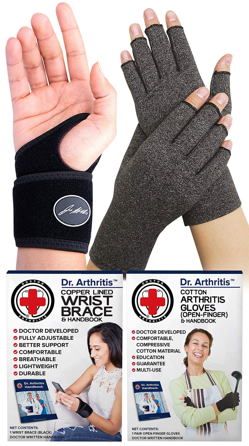 Dr. Arthritis Bundle: Copper Lined Wrist Support (Single) + Compression Gloves (XS)