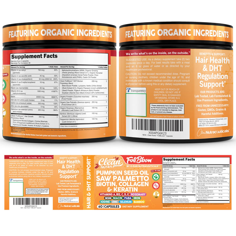 Clean Nutra Pumpkin Seed Oil Capsules + Saw Palmetto Biotin Collagen Keratin MSM Folate Hyaluronic Acid Supplements B12 Zinc Hair Supplement for Women Men Iodine 5-MTHF B-12 Vitamin B9-60 Pills