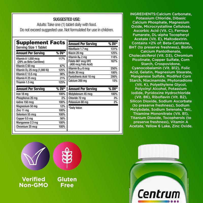 Centrum Multivitamin for Adults 18 and Over, 200 Tablets | Contains B Vitamins, Vitamin C, Vitamin E and Antioxidants, Supports Healthy Immune Response, GLP-1 Support 200 Count (Pack of 1)