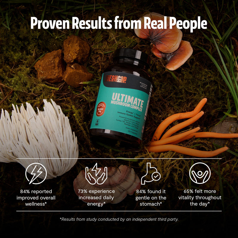 FreshCap Mushrooms Premium Organic Ultimate Mushroom Supplement - 12:1 Fruiting Body Extract with 29% Beta-Glucans - 3rd-Party Tested Nootropic for Energy, Focus & Immune Support (120 Capsules) 120 Count