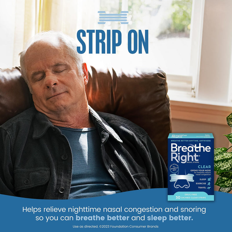 [Australia] - Breathe Right Original Nasal Strips | Clear | Sm/Med | For Sensitive Skin| Drug-Free Snoring Solution & Nasal Congestion Relief Caused by Colds & Allergies | 30 ct (Packaging May Vary) Pack of 1 