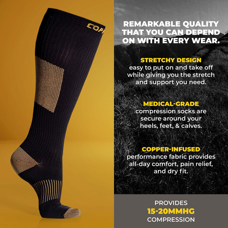 Wide Calf Copper Compression Socks for Women & Men - Diabetic Sock, Improves Circulation, Reduces Swelling & Pain - For Nurses, Running, & Everyday Use - Copper Infused Nylon By CopperJoint (2X-Large) XX-Large Black