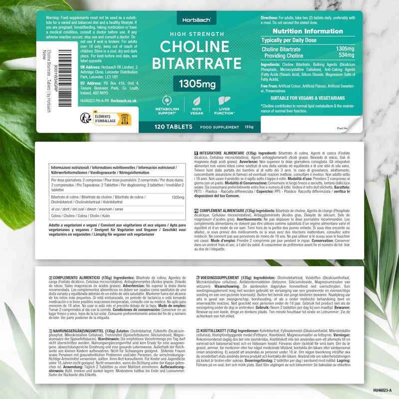 [Australia] - Choline high dose 1305mg | 652mg per piece | 120 Pure Choline Bitartrate Tablets | Liver function | Vegan | Choline bitrate | by Horbaach 