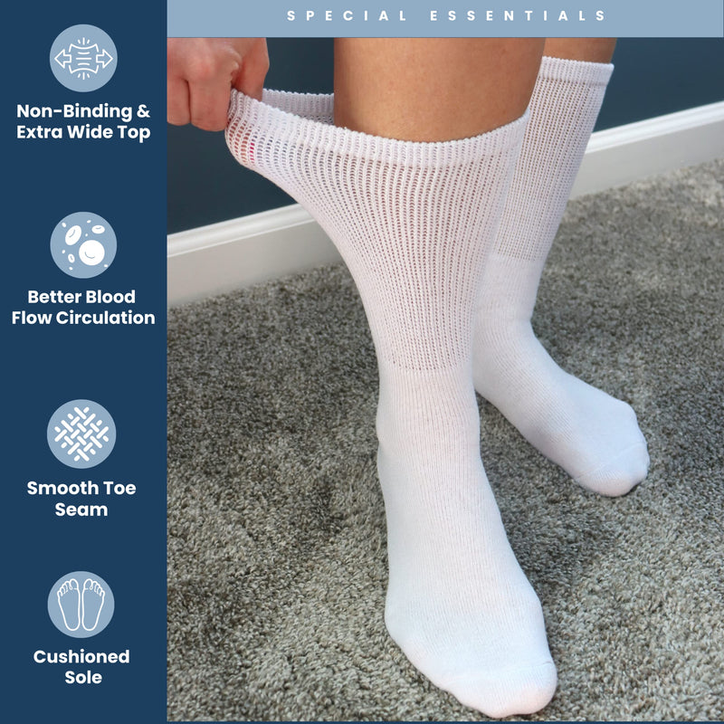 [Australia] - 6 Pairs Non-Binding Cotton Diabetic Crew Socks With Extra Wide Top For Men and Women Large White 
