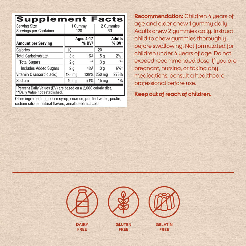 Nature's Way Vitamin C Gummies, 250 mg per Serving, Orange, 120 ct | High Potency Antioxidant Vitamin C Gummies for Immune Support*, Dietary Supplement Supports Immune Function*, Orange Flavored 120 Count (Pack of 1)